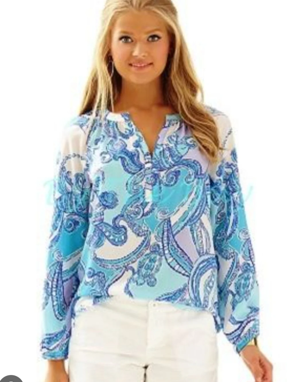 Lilly Pulitzer Elsie Silk Top Searulean Blue Test The Water Print XS Resort Wear